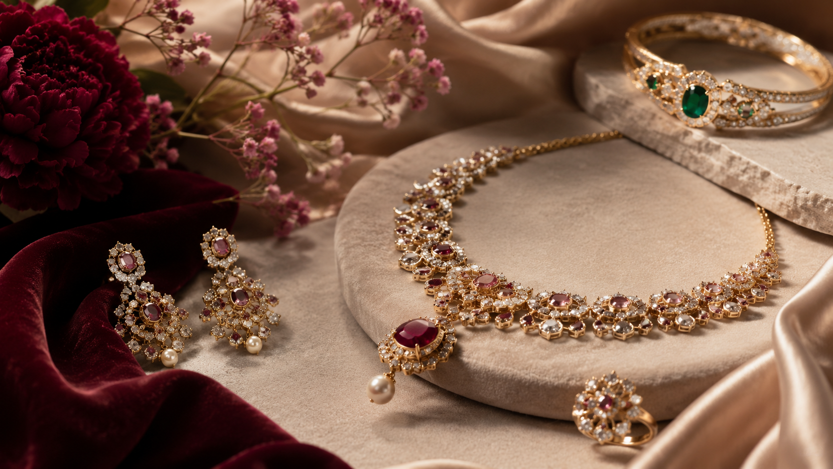 Illustrative bespoke gold and gemstone jewellery arranged in Sila Jewellery brand colours