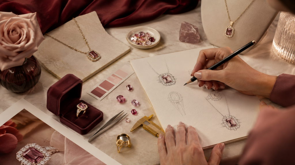 Illustrative jewellery design process with sketches, gemstones and custom jewellery tools
