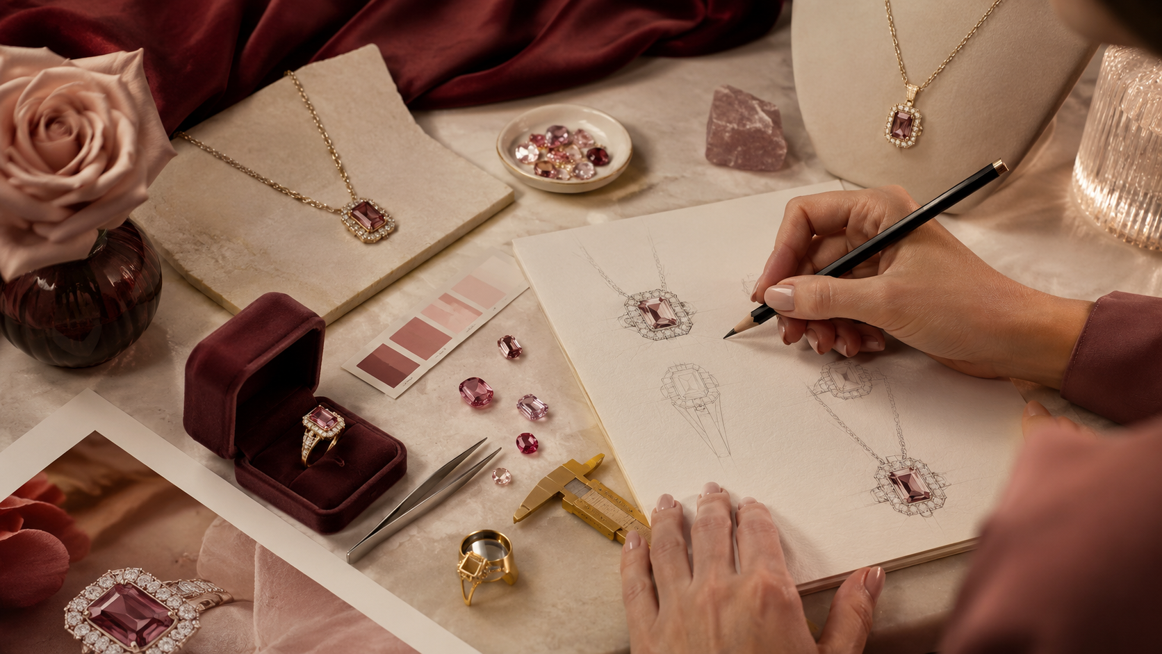 Illustrative jewellery design process with sketches, gemstones and custom jewellery tools