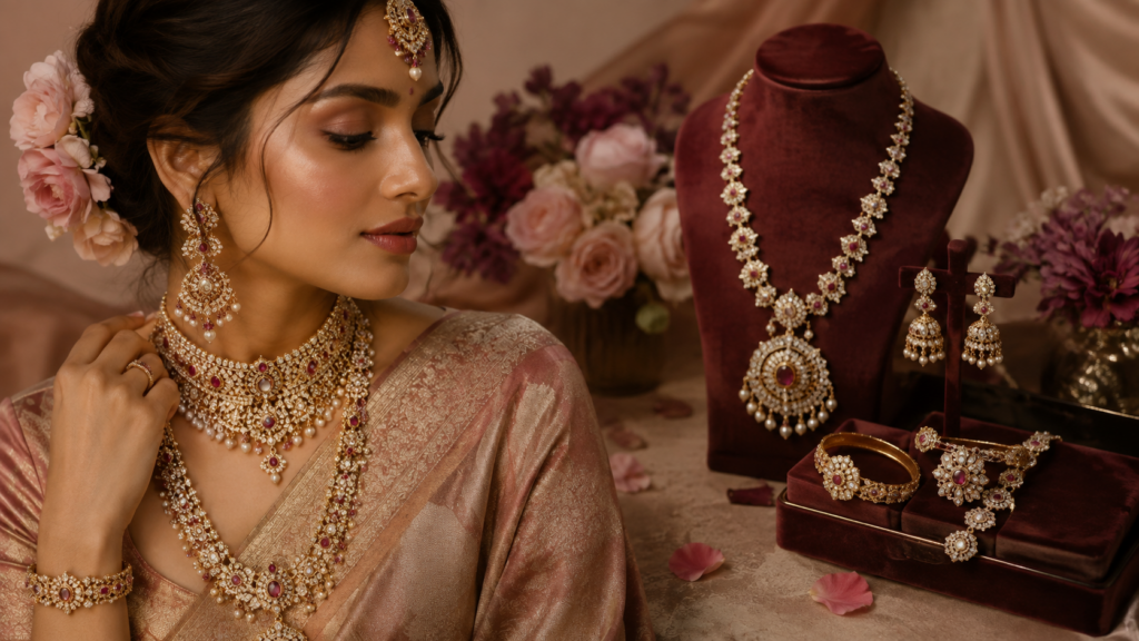Illustrative bridal gold and gemstone jewellery styled in Sila Jewellery brand colours